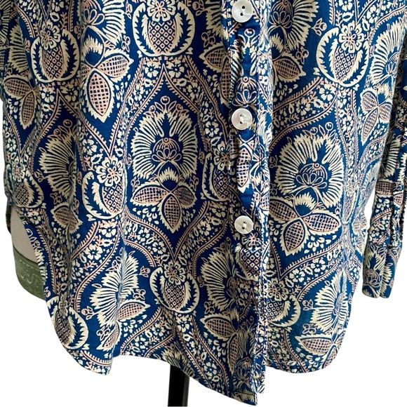 Roller Rabbit Floral Block Print Cotton Button Down Shirt Small Navy Cream - Picture 5 of 13